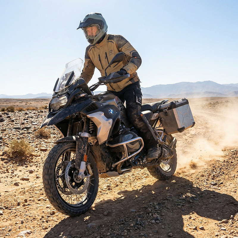 Man wearing Rukka R-Viss suit off road riding a BMW motorcycle